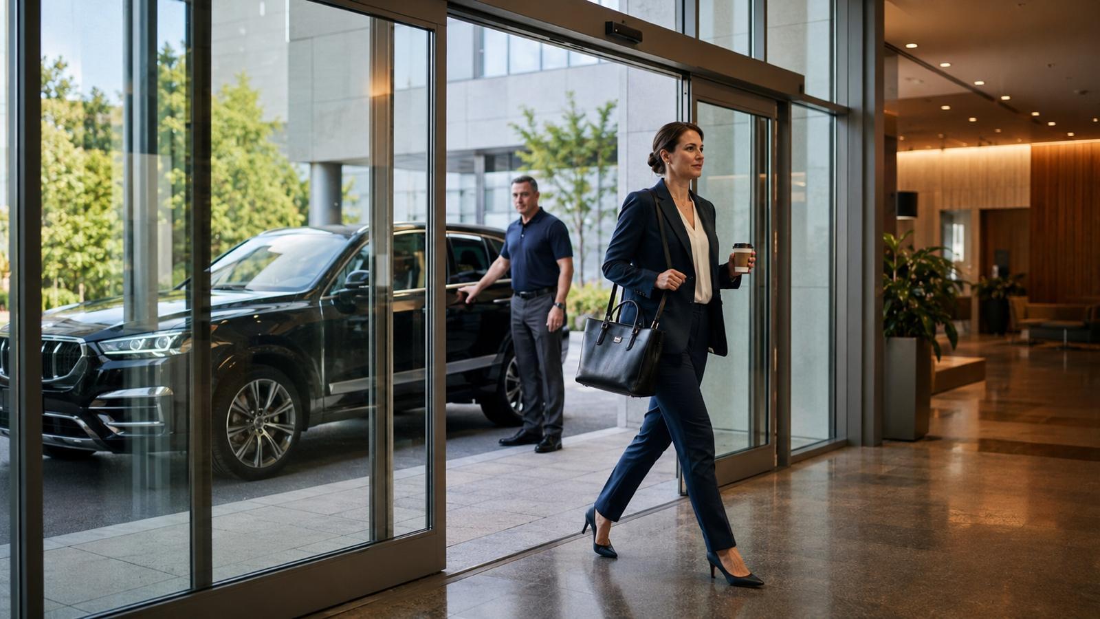 A PrimeKar client arriving at a Calgary office lobby