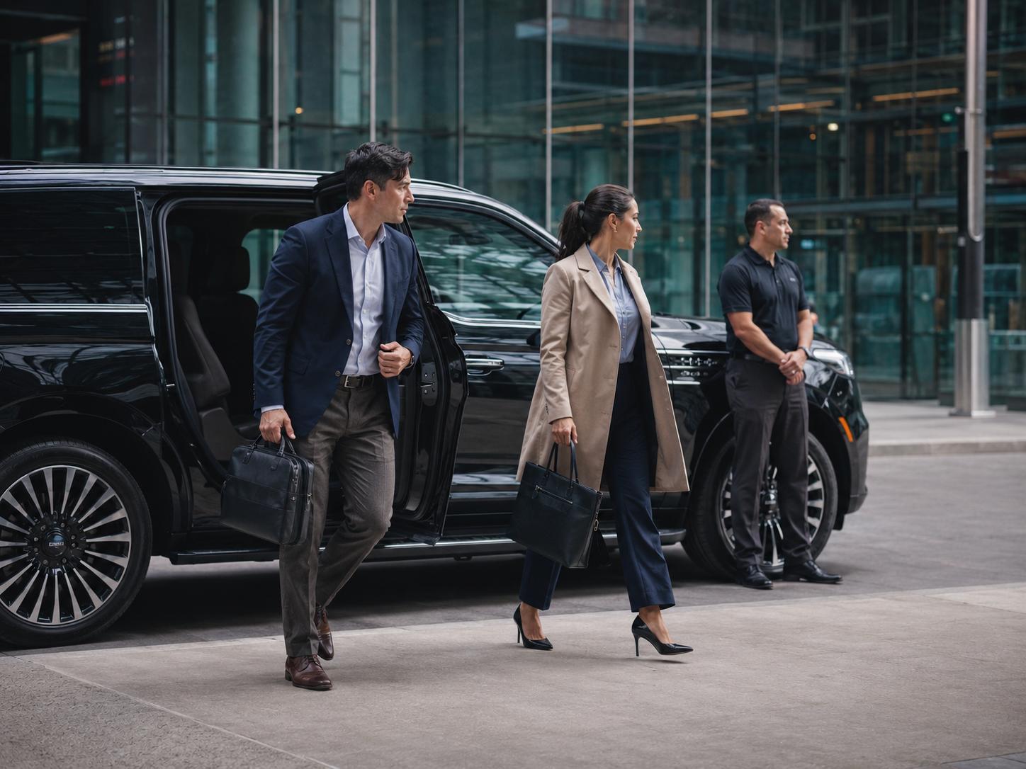 Executives departing a PrimeKar vehicle outside a Calgary office