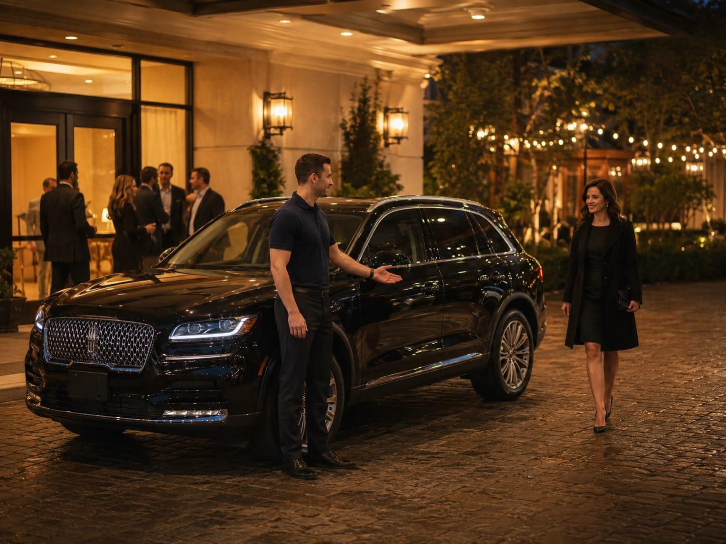 A PrimeKar driver welcoming a client beside a Lincoln Aviator