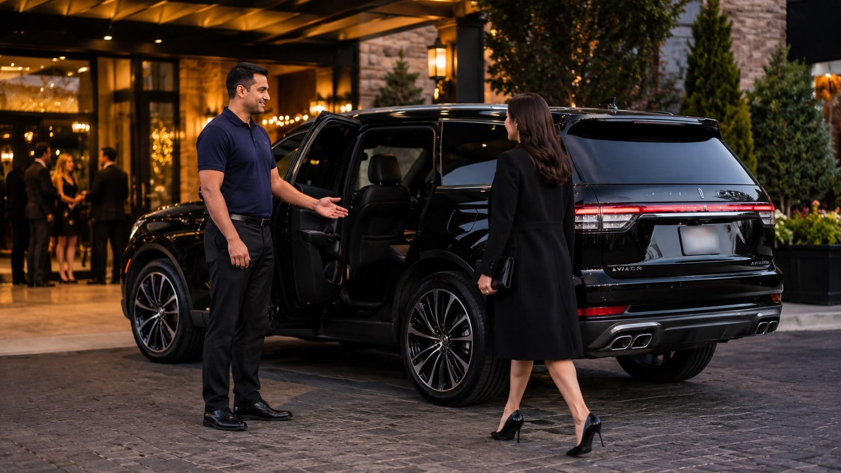 A PrimeKar driver welcoming a client beside a Lincoln Aviator at a hotel entrance