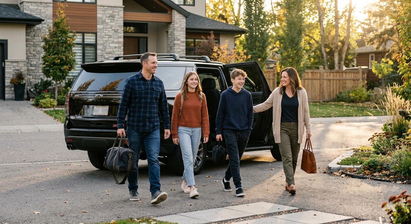 A family arriving home, met by a PrimeKar Chevrolet Tahoe in the driveway