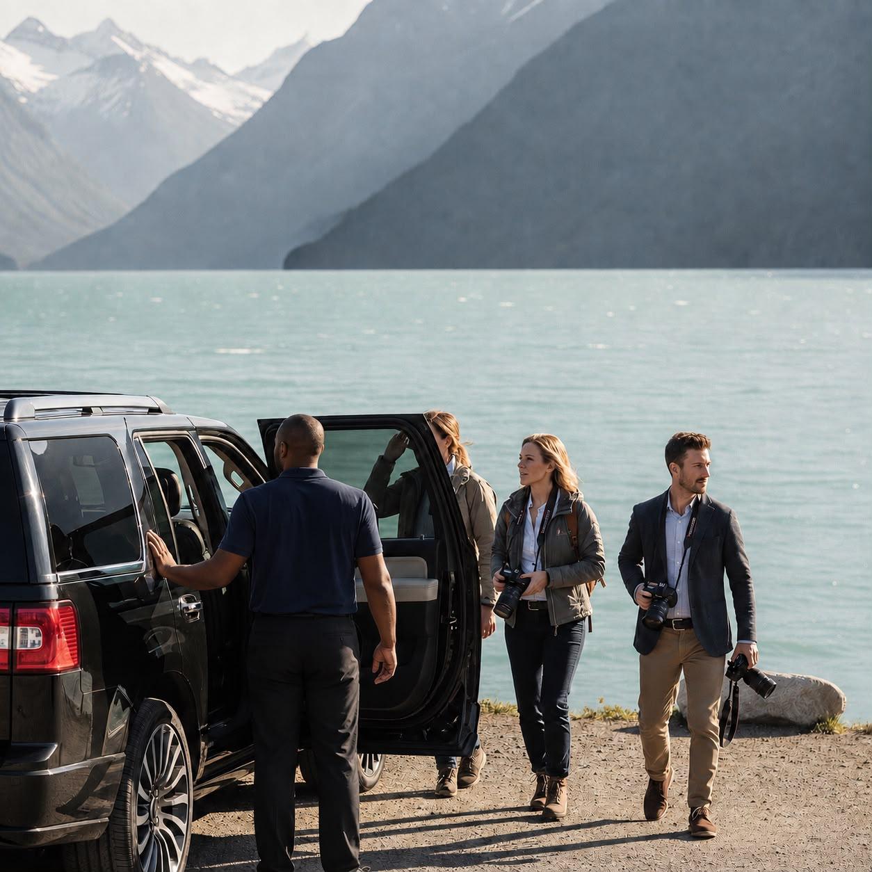 Travelers with camera gear stepping out of a PrimeKar vehicle at Lake Louise