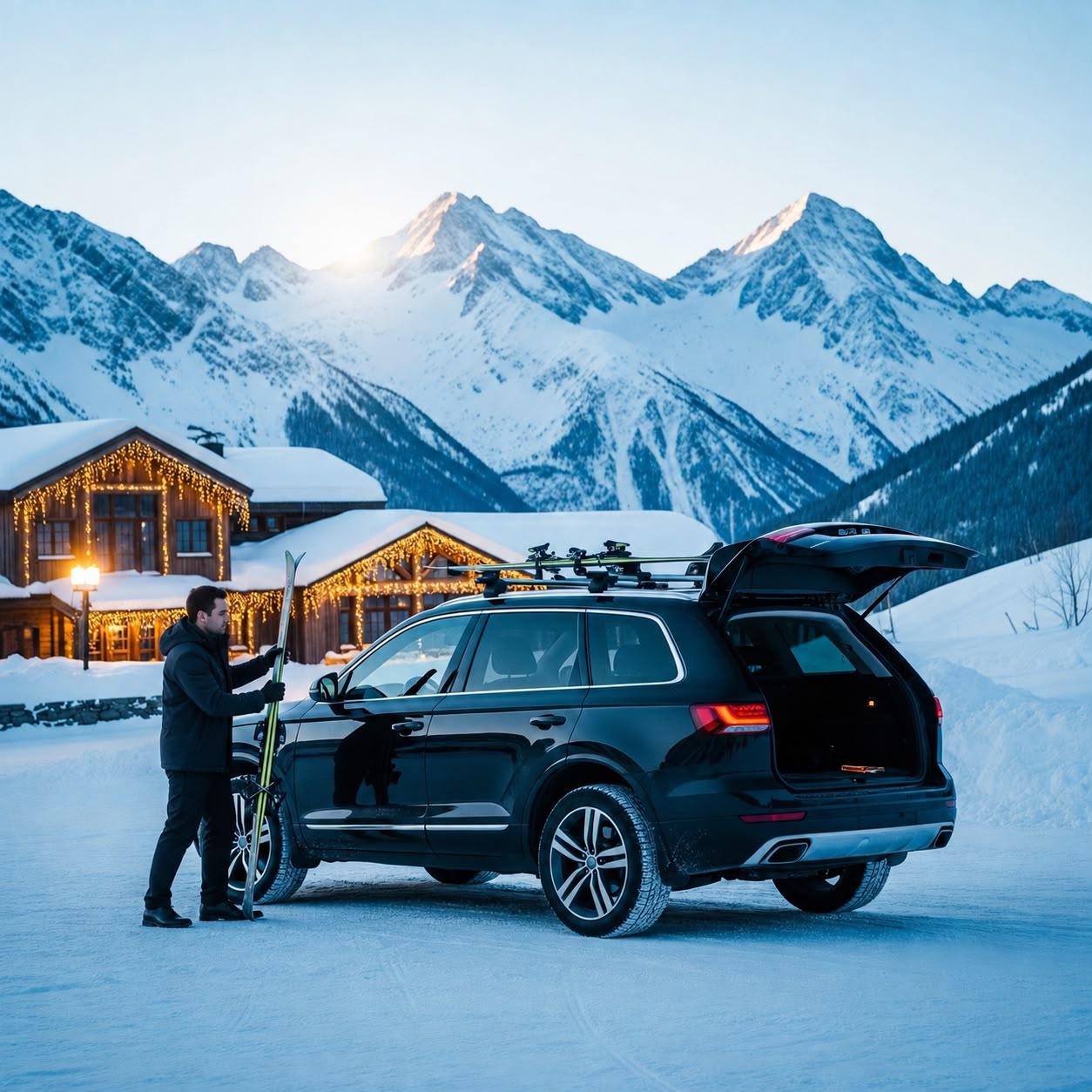 A PrimeKar driver loading ski equipment at a mountain lodge