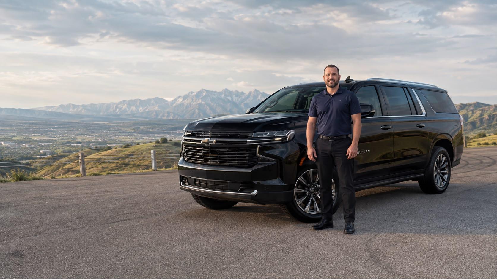 A PrimeKar driver in a navy polo standing beside a black Chevrolet Suburban with a mountain valley behind him