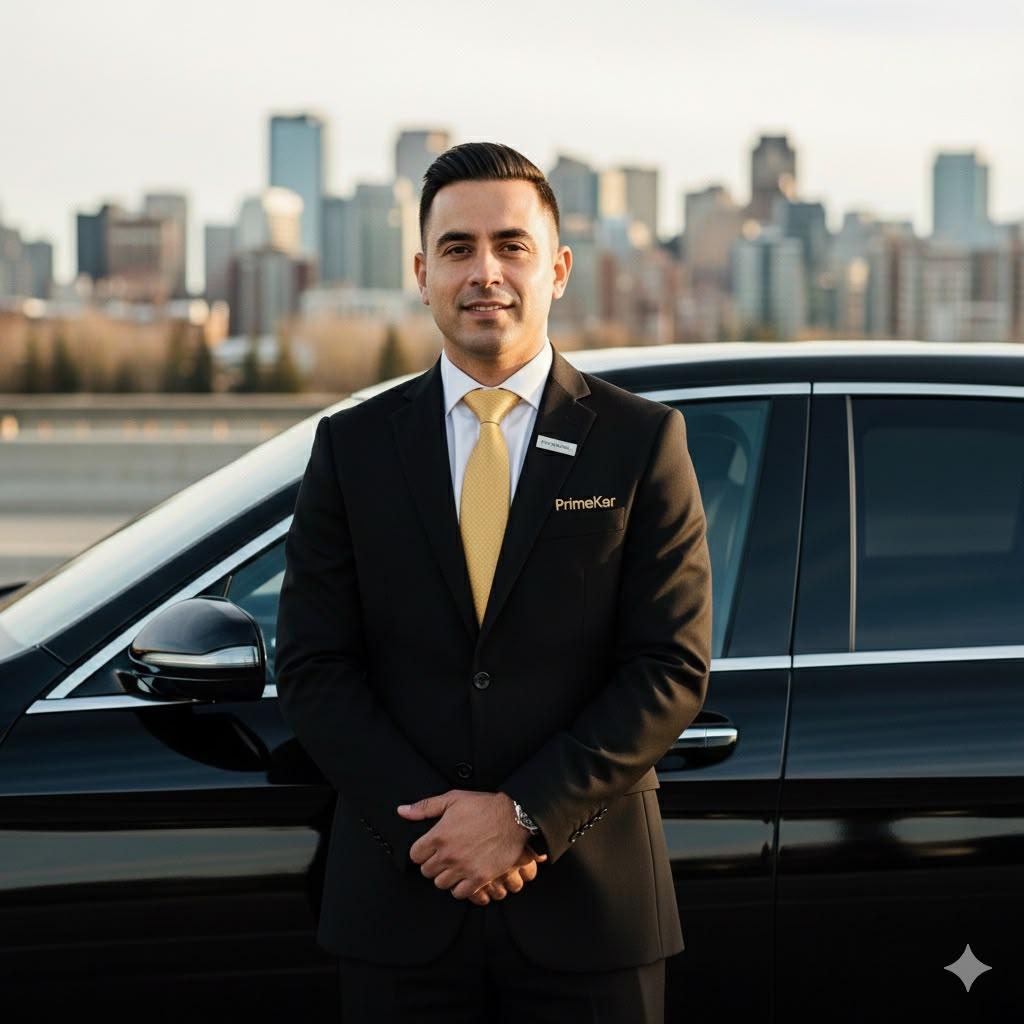 A PrimeKar driver ready for a Calgary International Airport pickup