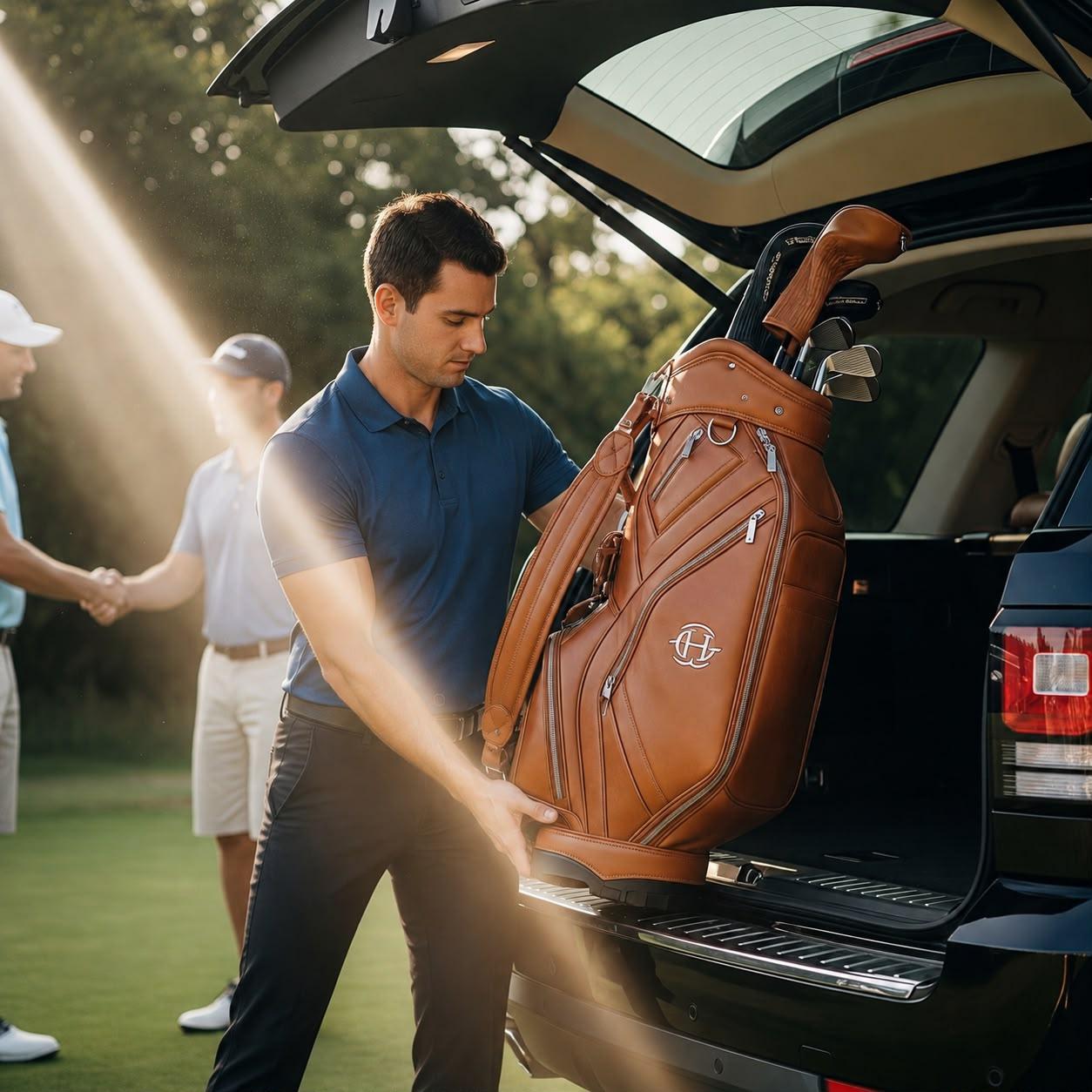A PrimeKar driver loading golf clubs into the vehicle
